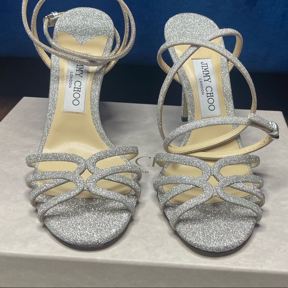 Jimmy Choo Mimi 100 Silver Fine Glitter Fabric Size 39EU!!!